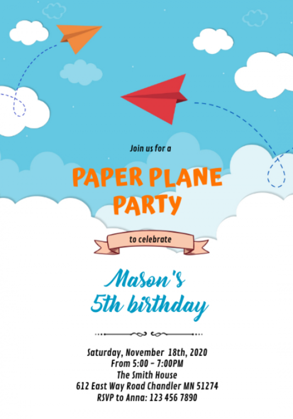 Desain undangan dengan gambar pesawat kertas